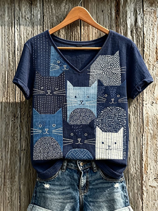 Women's Cute Cat Art Print Casual T-shirt