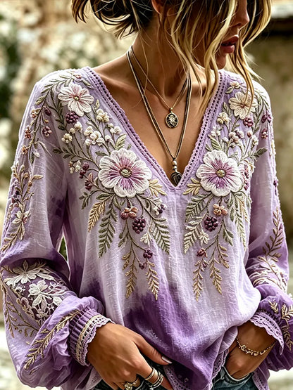 Women's Purple Long-sleeved V-neck Blouse, Decorated With Floral Pattern And Lace Trim.