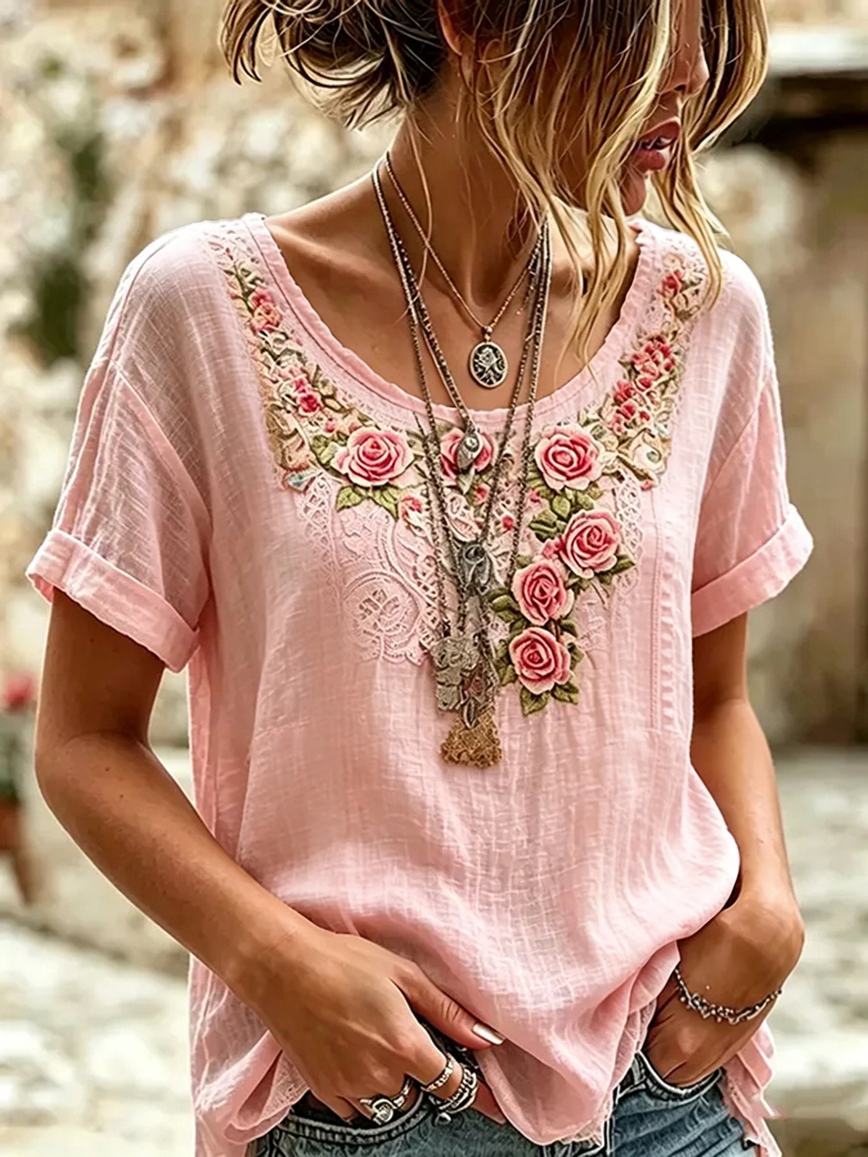 Women's Retro Breast Cancer Floral Print Top