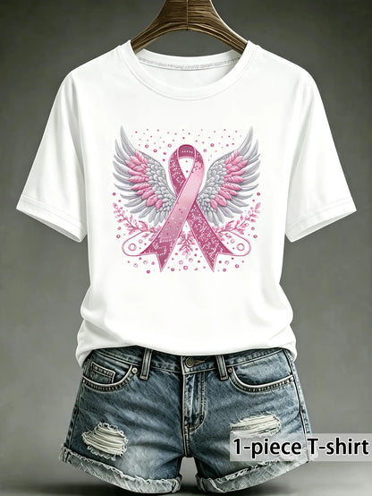 Women'S Breast Cancer Awareness Heart Ribbon Round Neck 100% Cotton T-Shirt