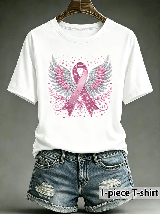 Women'S Breast Cancer Awareness Heart Ribbon Round Neck 100% Cotton T-Shirt