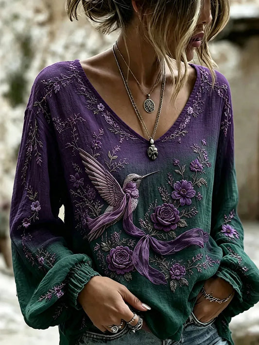 Women's Floral Hummingbird Art Alzheimer's Awareness T-shirt