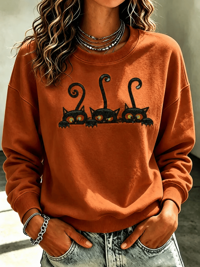 Women's Halloween Cat Print Sweatshirt