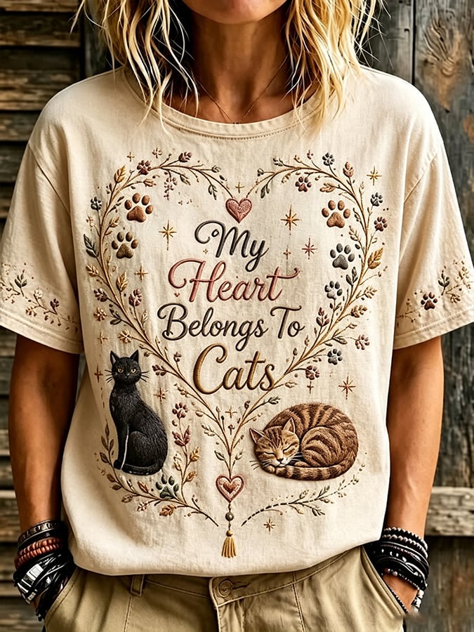 Women'S Animal Cat Floral Print T-Shirt