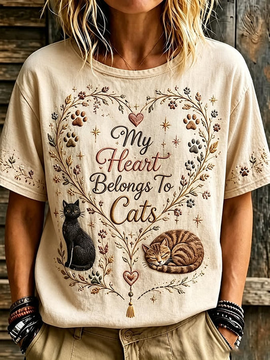 Women'S Animal Cat Floral Print T-Shirt