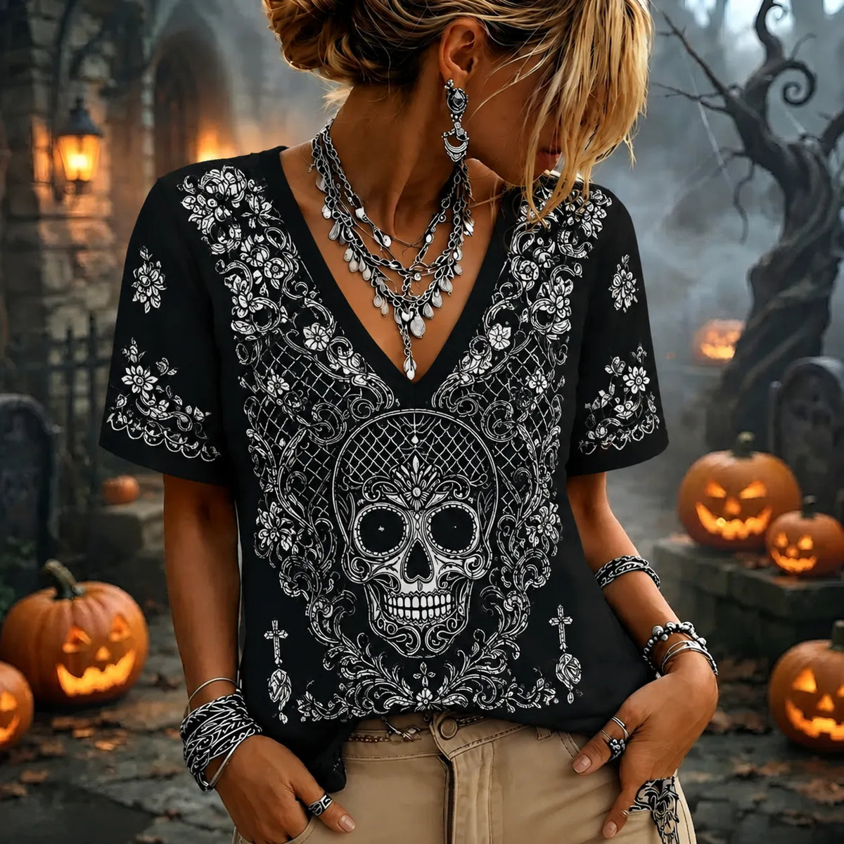 Women's Gothic Skull Embroidered V-neck Tee