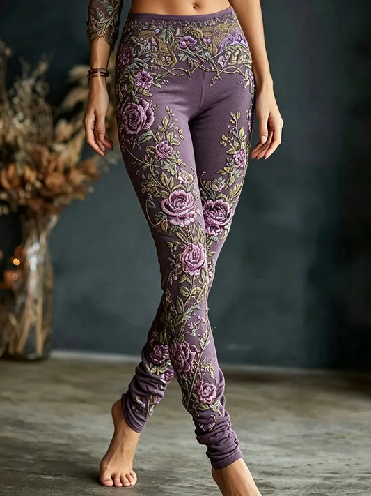 Women's Retro Purple Floral Embroidered Comfortable Leggings