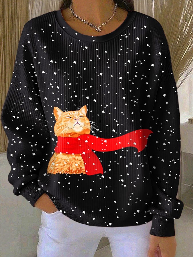 Women's Christmas Cat Print Knit Crew Neck Long Sleeve Top