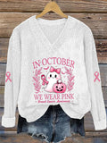 Women's Breast Cancer Awareness Print Casual V-Neck Pullover Sweater