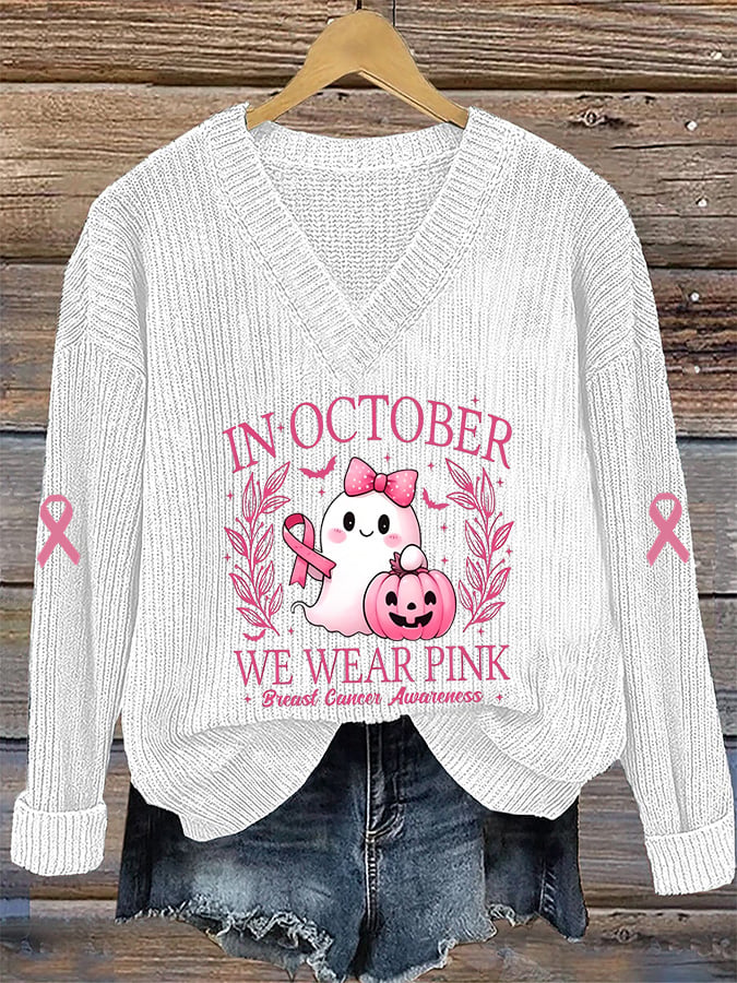 Women's Breast Cancer Awareness Print Casual V-Neck Pullover Sweater