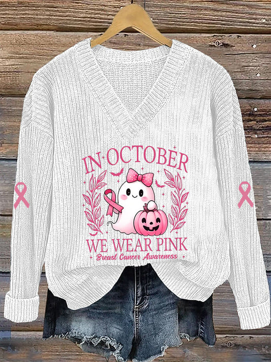 Women's Breast Cancer Awareness Print Casual V-Neck Pullover Sweater