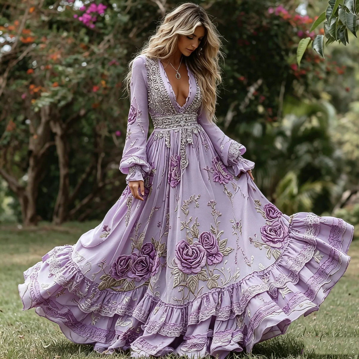 Women's Retro Tribal Rose Floral Art Casual V Neck Long Sleeve Maxi Dress