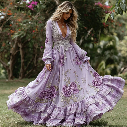 Women's Retro Tribal Rose Floral Art Casual V Neck Long Sleeve Maxi Dress