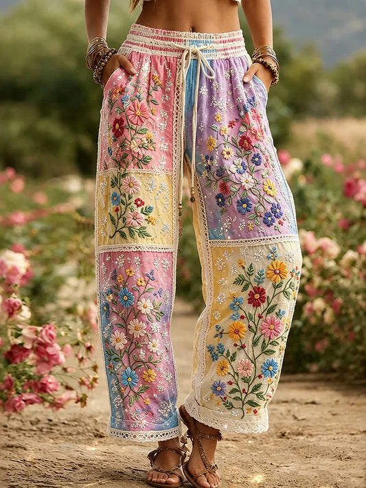 Women's Purple Floral Patchwork Print Casual Pants