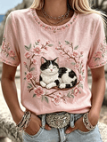 Women's Pink Floral And Cat Printed Casual T-Shirt