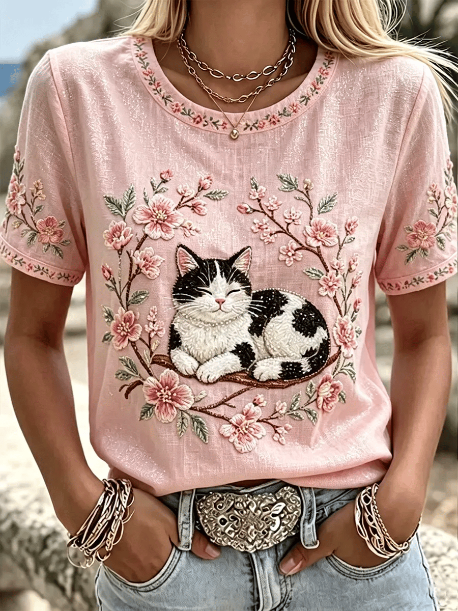 Women's Pink Floral And Cat Printed Casual T-Shirt