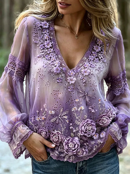 Women's Vintage Purple Floral Art Cotton Linen V-neck Long Sleeve Top