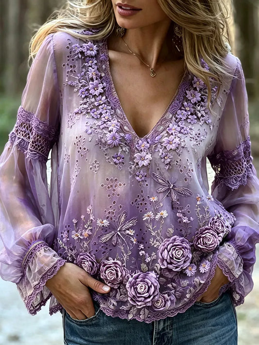 Women's Vintage Purple Floral Art Cotton Linen V-neck Long Sleeve Top