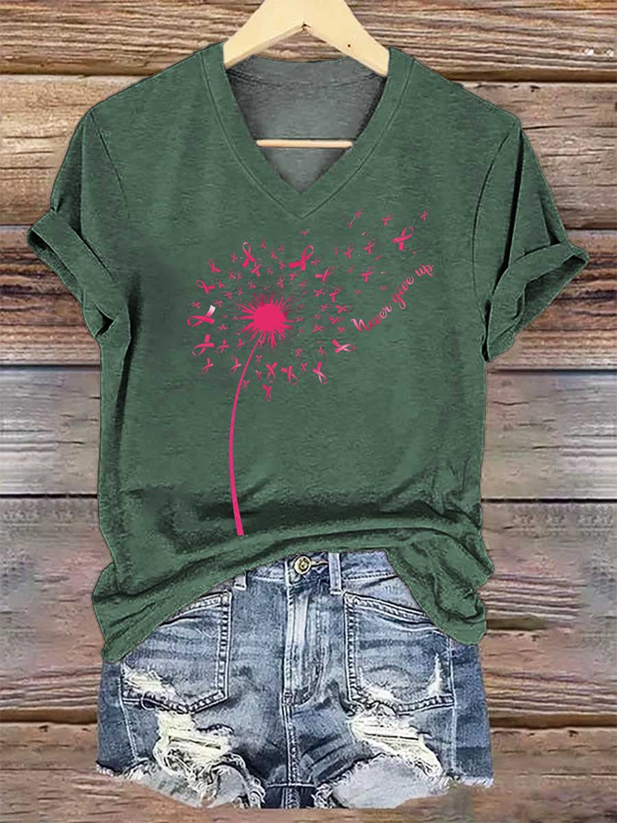 Women's Never Give Up Breast Cancer Awareness V-neck Casual T-Shirt