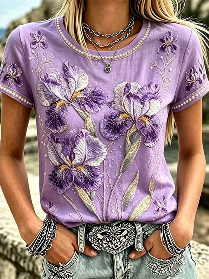 Women's Retro Iris Embroidery Art Crew Neck Short Sleeve T-shirt