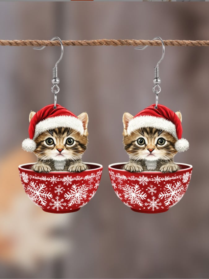 Christmas Cat Snowflake Pendant Earrings