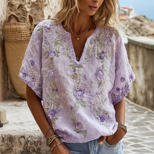 Women's Retro Floral Embroidery Casual Cotton Linen V-neck T-shirt