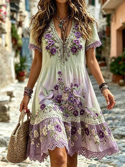 Women's Vintage Purple Flowers And Birds Art Flowy Mini Dress