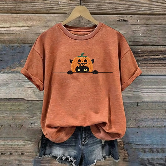 Women's Funny Pumpkin With Black Cat Pattern Casual Halloween T-shirt