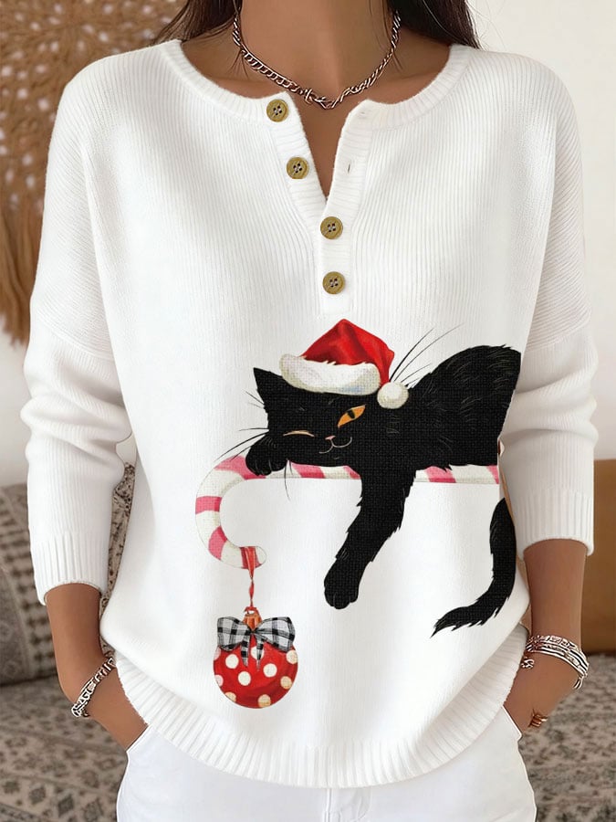 Women's Christmas Cute Cat Print Knit Button Top