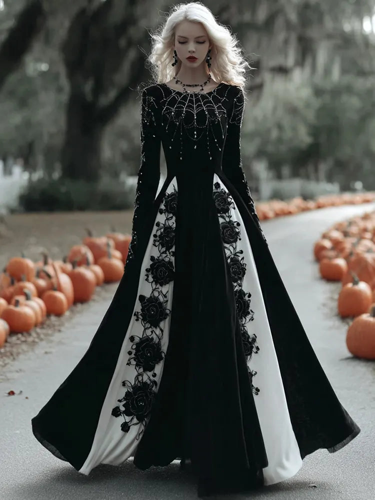 Women's  Halloween Black Roses With Spider Web Art Comfy Velvet Round Neck Maxi Dress