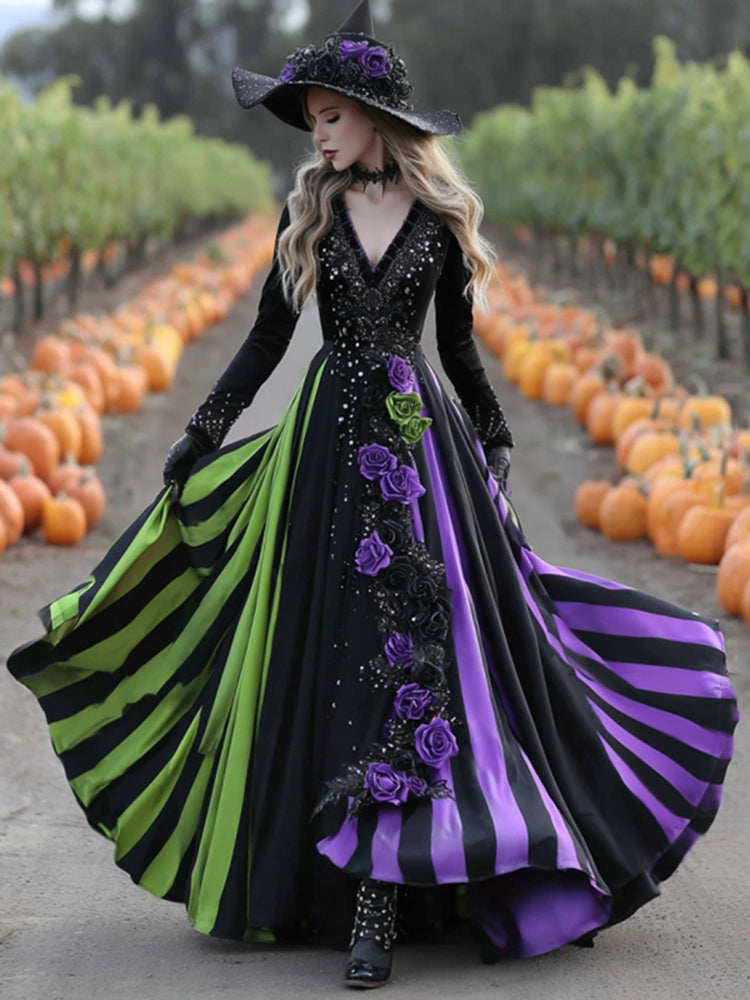 Women's  Halloween Black Green Purple Stripes Art Comfy Velvet V Neck Maxi Dress