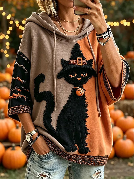 Women's Halloween Cat Print Hoodie