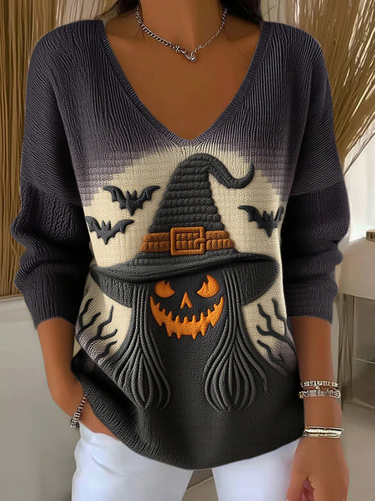 Classic Halloween Evil Pumpkin Witch Art Inspired V Neck Cozy Knit Sweater