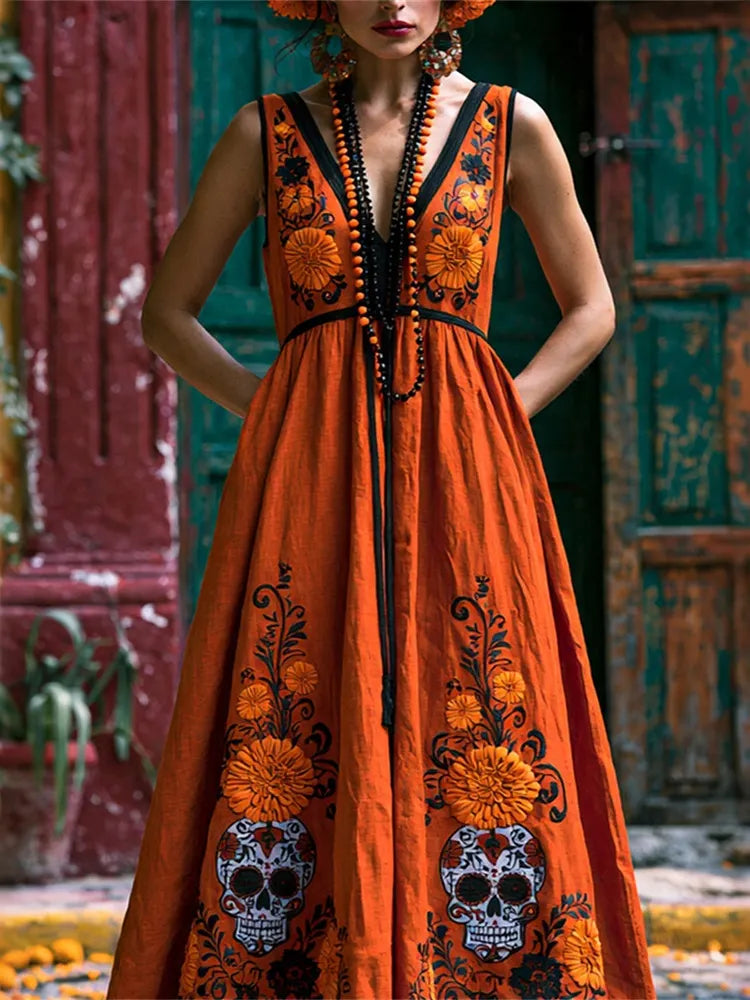 Women's Retro Floral Skull Design V-neck Cotton Linen Dress