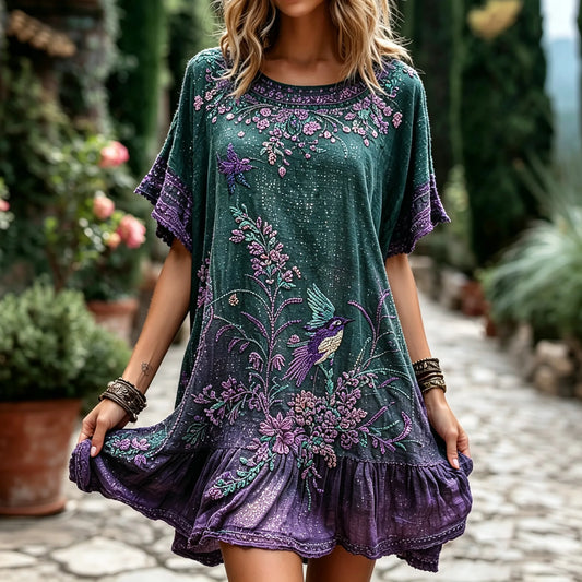 Women's Retro Floral Hummingbird Embroidered Casual Cotton Linen Round Neck Dress