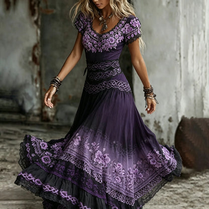 Women's Vintage Purple Rose And Celtic Knot Embroidered Casual V-neck Dress