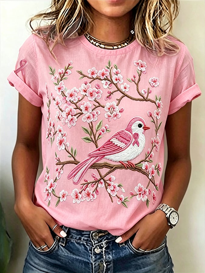 Women's Pink Casual T-Shirt with Cute Cat Animal Print