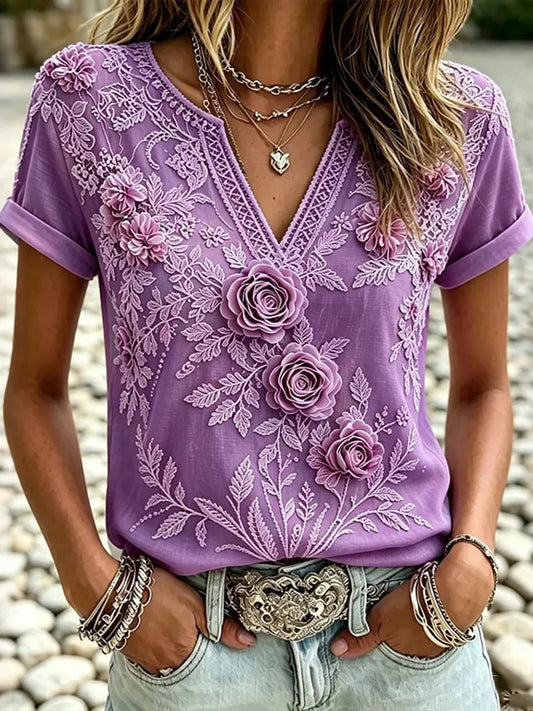 Women's Retro Vacation Floral Cotton Linen Short-sleeve T-shirt