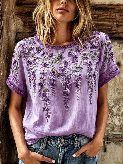 Women's Retro Wisteria Orchid Embroidery Cotton Linen Casual Round Neck T-shirt