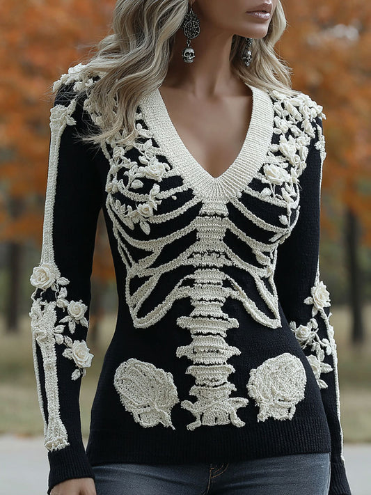 Women's Halloween Skeleton Bones With Roses And Skull Art Casual Long Sleeve V Neck Sweater