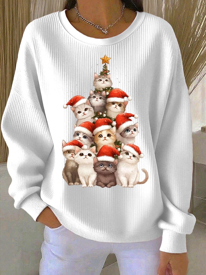 Women's Christmas Cat Print Knit Crew Neck Long Sleeve Top