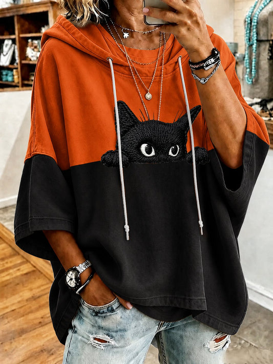 Women's Halloween Mysterious Black Cat Print Hoodie