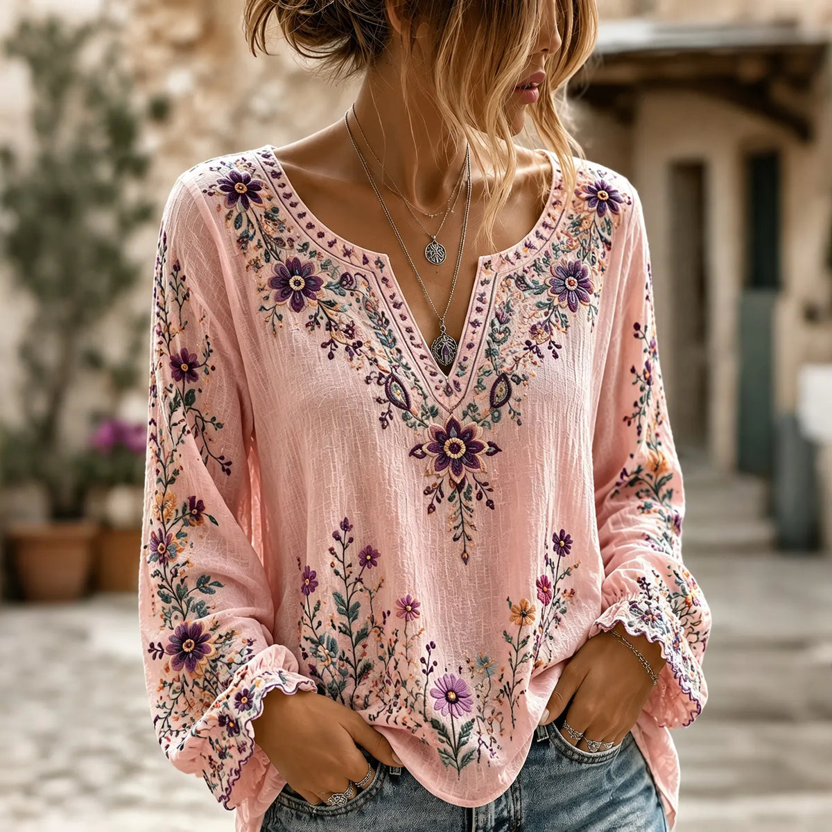Women's Retro Boho Floral Art Cotton Linen V Neck T-shirt