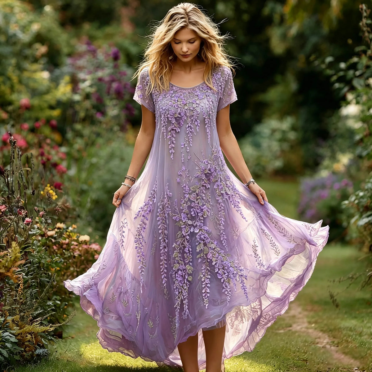 Women's Romantic Wisteria Orchid Pattern Linen Blend Flowy Maxi Dress