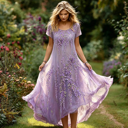 Women's Romantic Wisteria Orchid Pattern Linen Blend Flowy Maxi Dress
