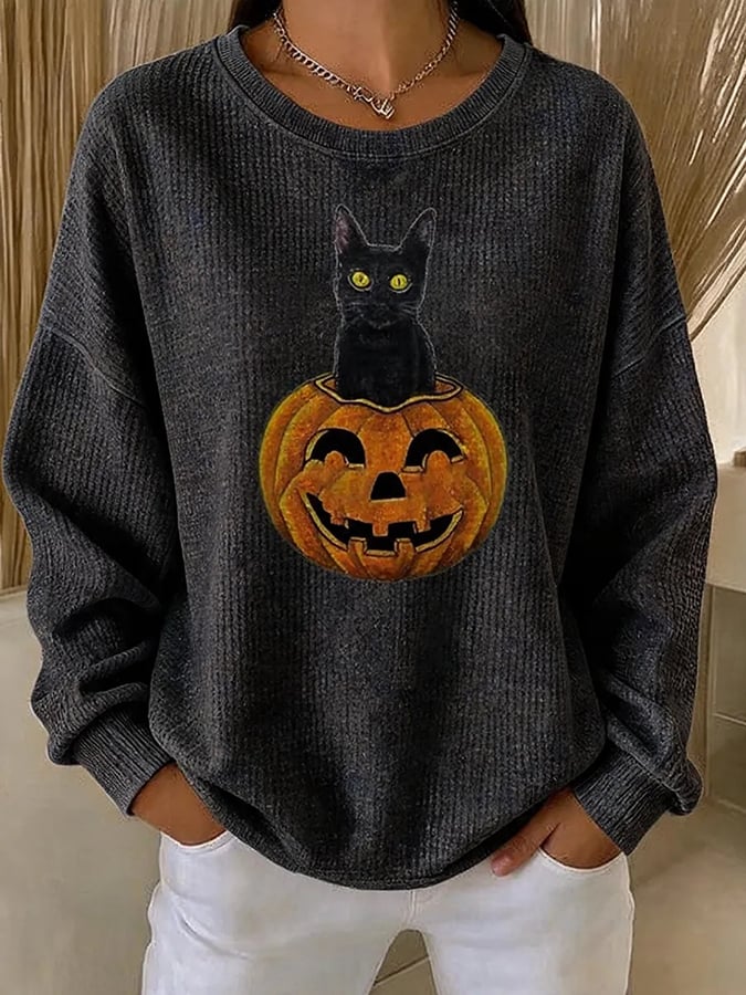 Women's Halloween Cat Print Sweatshirt