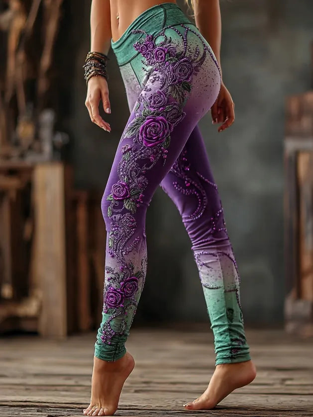Women's Retro Purple Floral Gradient Pattern Casual Leggings