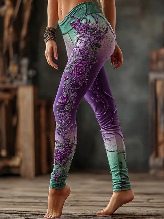Women's Retro Purple Floral Gradient Pattern Casual Leggings