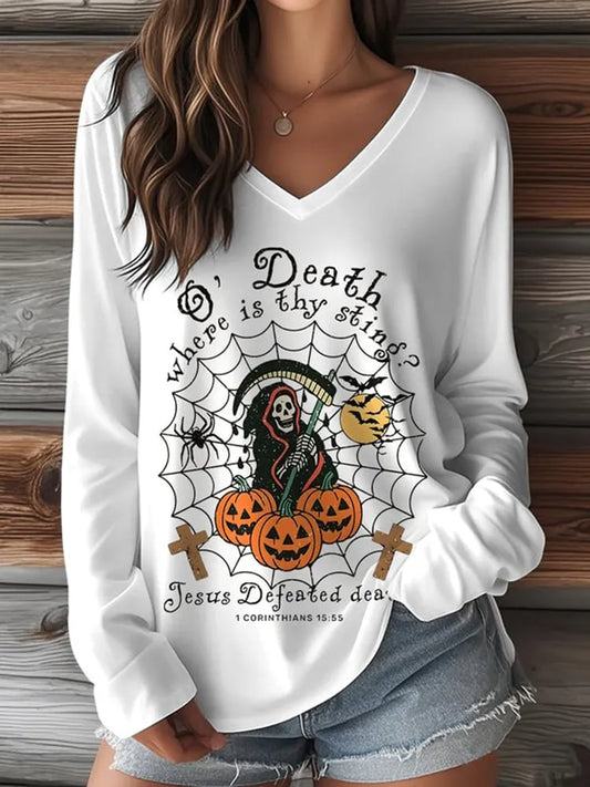 Women's Retro Halloween Faith Skull Pumpkin Print Casual V-neck Long Sleeve T-shirt