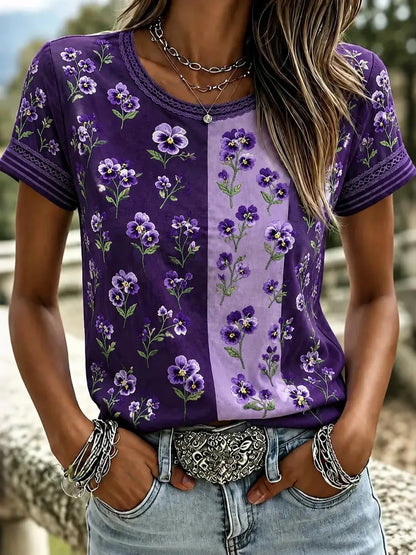 Women's Pansy Color-blocking Design Print Alzheimer's Awareness T-shirt
